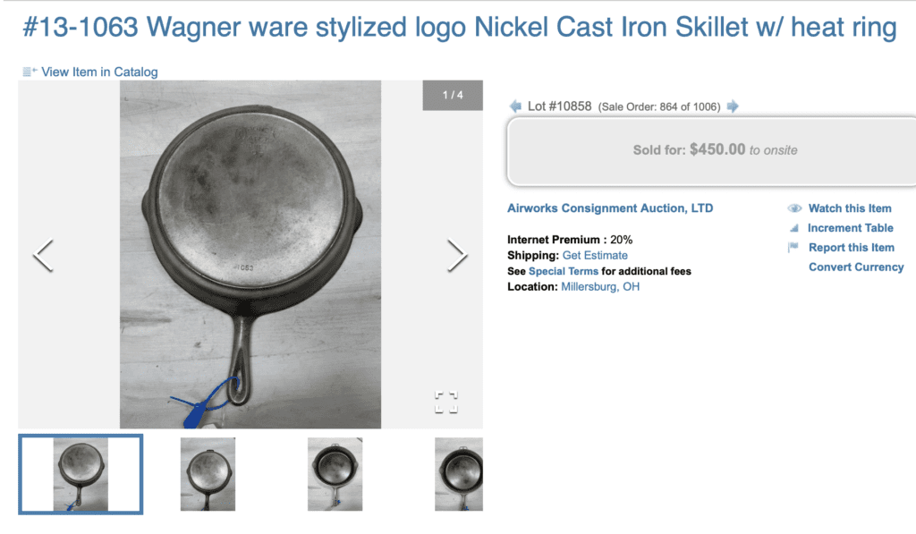 Wagner nickel plated cast iron skillet number 12, catalog number 1063. Sold for $450.